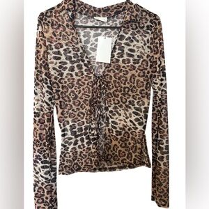 Sheer leopard print long sleeve cover up w/ tie detail